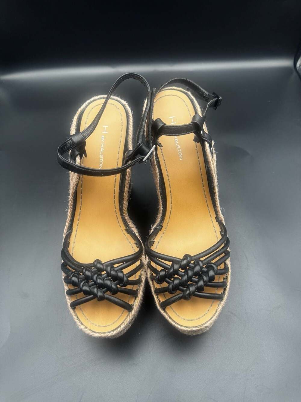 H by Halston Black Leather Woven Espadrille Wedge Sandals